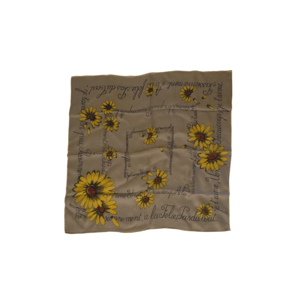 Vintage Silk Scarf Silver Gray Yellow Sunflower French Script French Love Poem